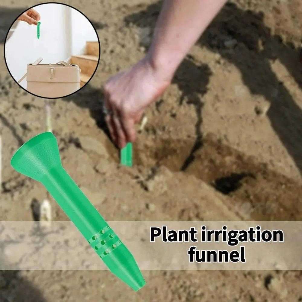 Green plant irrigation funnel tool with long spout and drainage holes