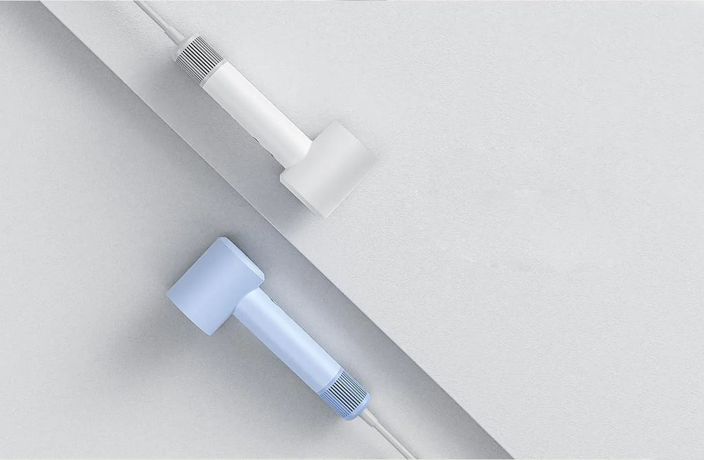 MIJIA H501 SE high-speed hair dryers in white and blue, featuring lightweight, ergonomic design for professional drying.