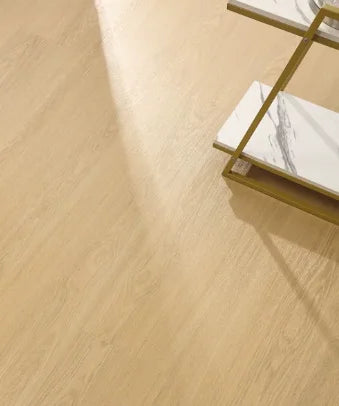 SPC click flooring plank surface with light beige wood grain and smooth texture