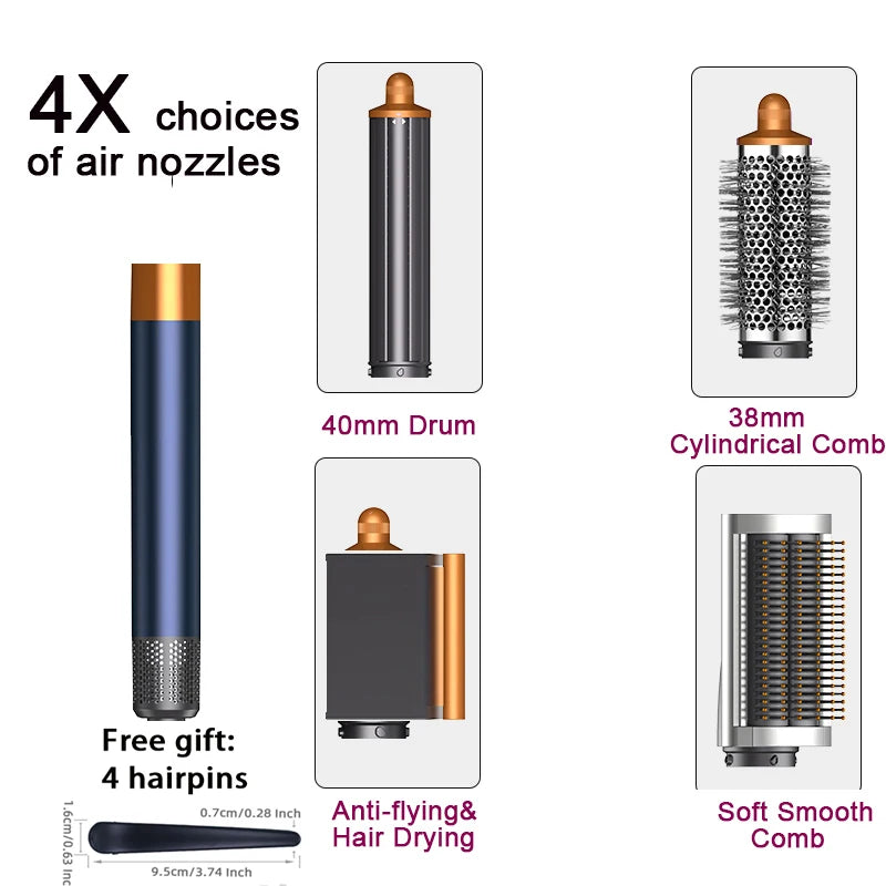 SenCiciMen 6-in-1 hair styler set with 4 air nozzles, 40mm curling barrel, brushes, and hairpins in grey and gold.