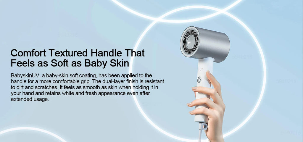 MIJIA H500 ionic hair dryer with a soft-touch, dirt-resistant white handle and metallic silver barrel design.