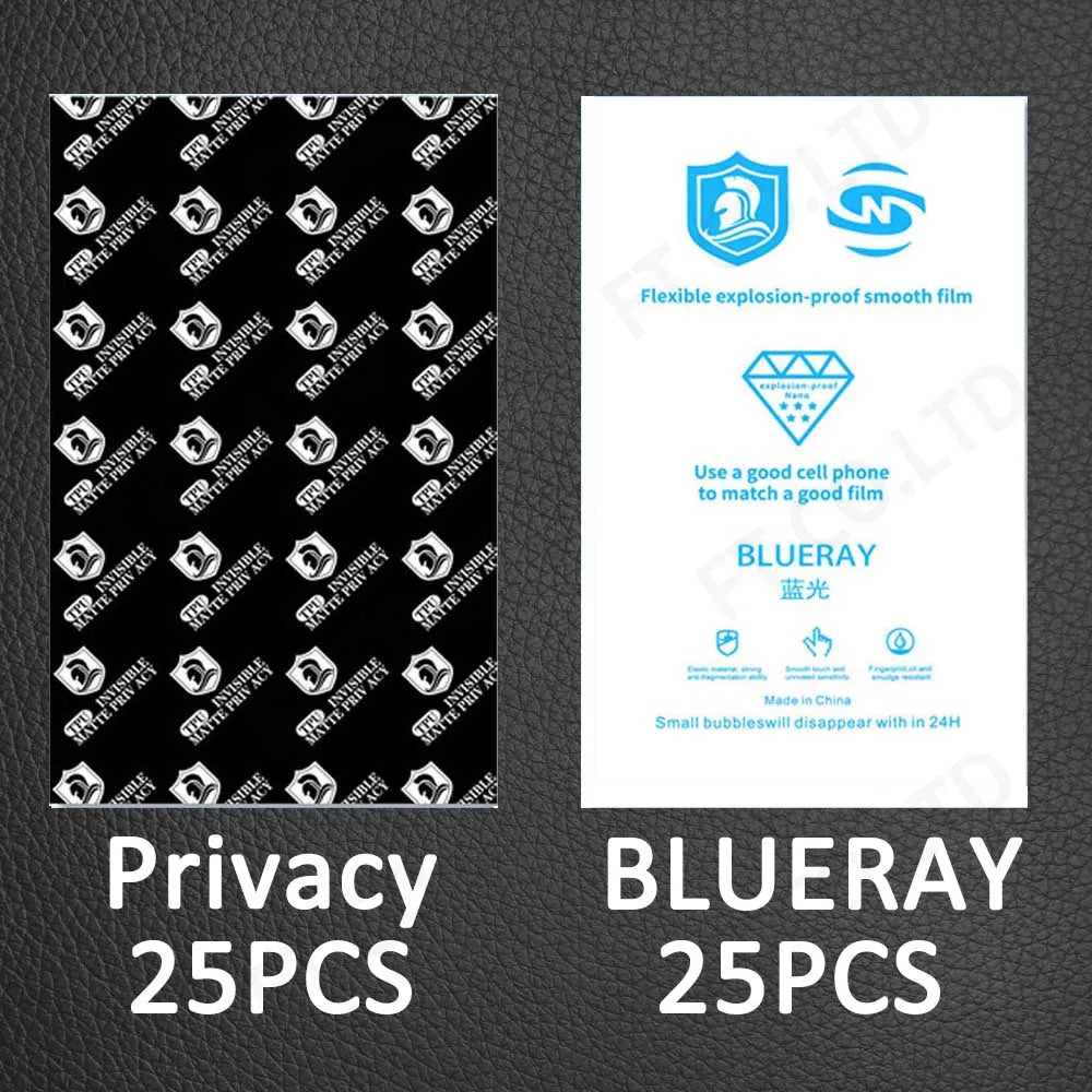 Hydrogel privacy film sheets, black privacy and blueRay designs, 25pcs each.