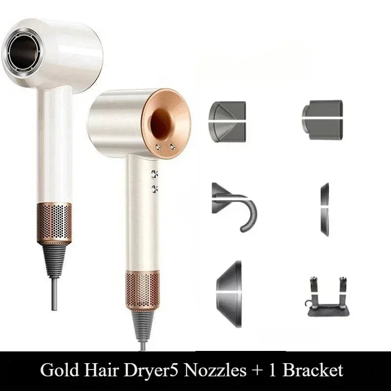 White and gold ionic hair dryer with 5 attachments and stand for professional blowouts and fast hair styling.