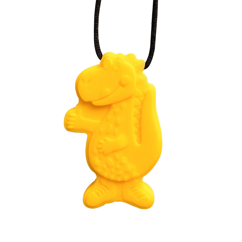 Yellow dinosaur silicone baby teething toy necklace for soothing sore gums.