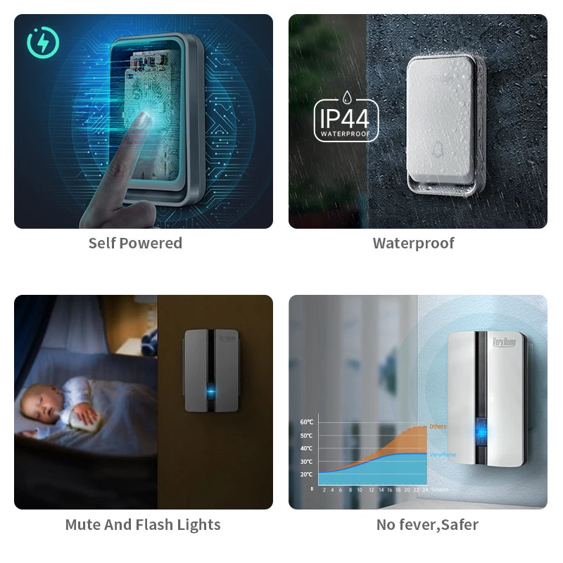 K33 Wireless Doorbell Waterproof Self-powered Button Smart Door Bell Sets Home Welcome Outdoor House Chimes  Receiver