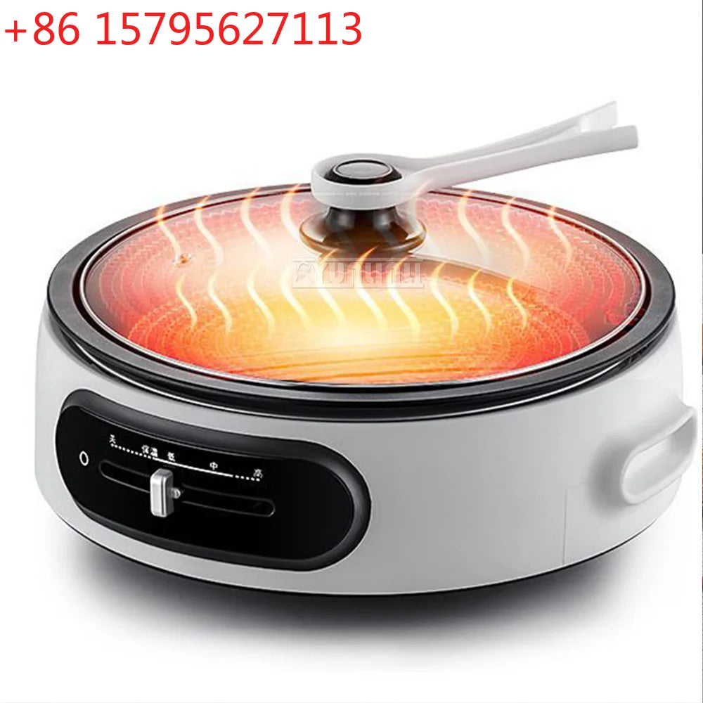 Portable electric multi-cooker with glass lid and white nonstick cooking pot base