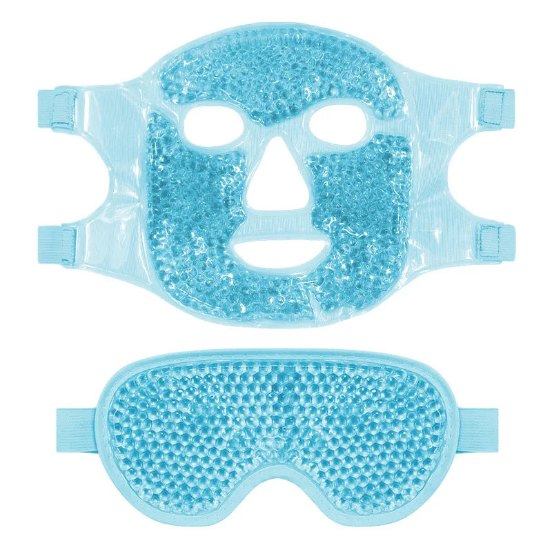 Light blue PVC cooling face mask and eye mask set filled with transparent gel beads, featuring adjustable straps.