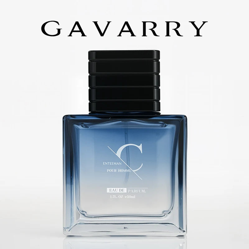 Gavarry Intense Pour Homme: Woody aromatic men's EDP, 50ml square blue ombre glass bottle with black ribbed cap.
