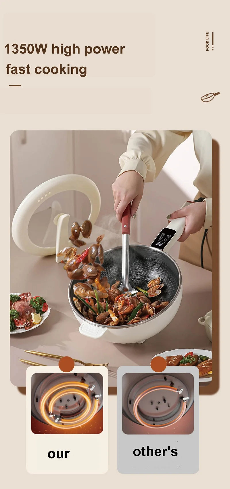 Electric cooking pot with white exterior, steaming lid opening while adding food