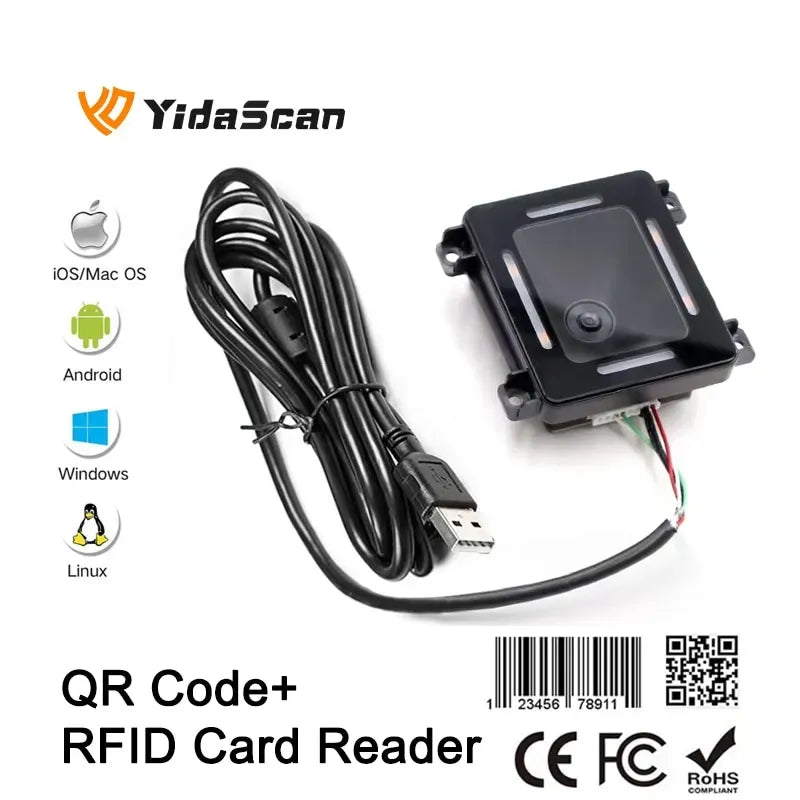 Black QR/RFID card reader with USB cable and square scan window