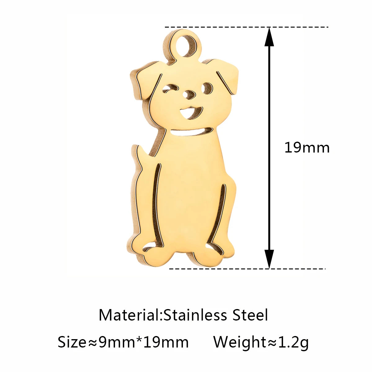 Gold stainless steel dog charm pendant, 19mm, for DIY pet jewelry, necklaces, and bracelet making.