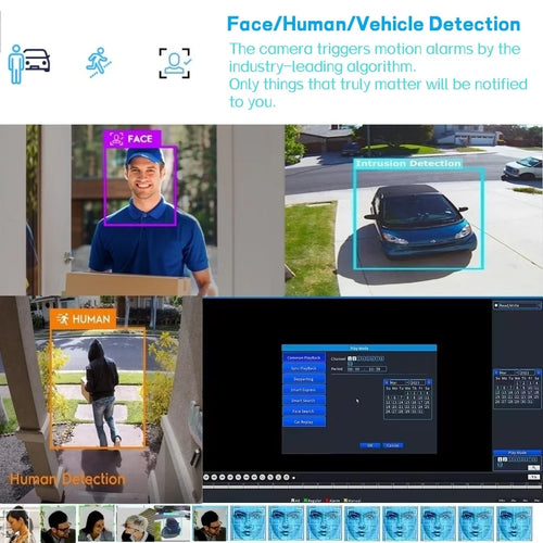 Security camera detection interface with face and human tracking alerts on screen