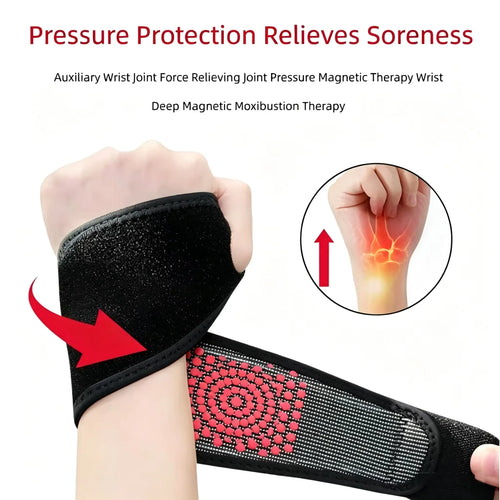 Black magnetic wrist support wrap for pain relief and orthopedic joint pressure protection.