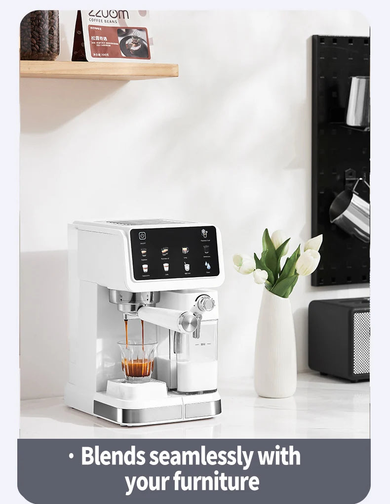 Modern white espresso machine with touchscreen interface and integrated milk frother brewing coffee in a kitchen.
