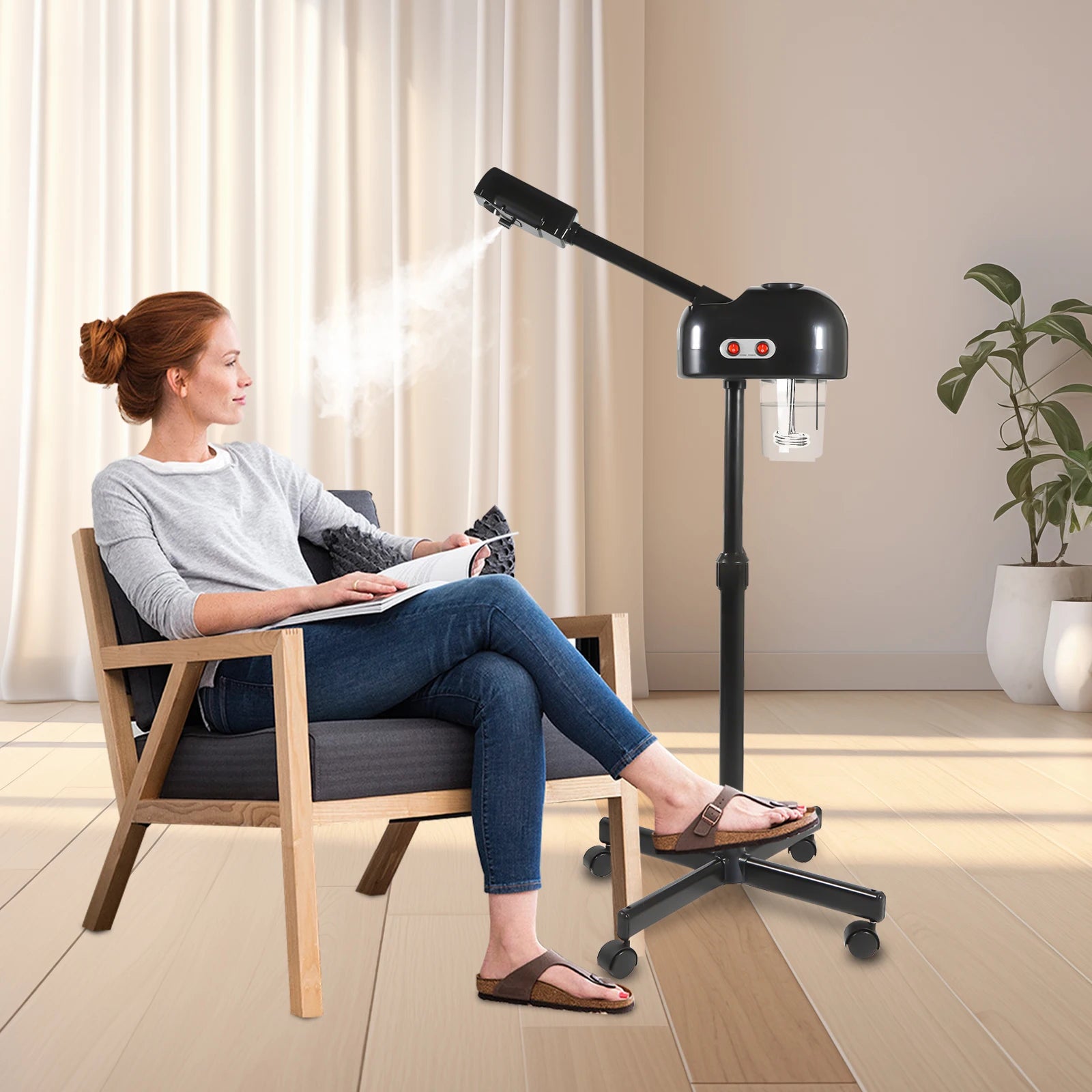 Woman using a 750ml 800W professional facial steamer with adjustable stand in a home spa or salon setting.