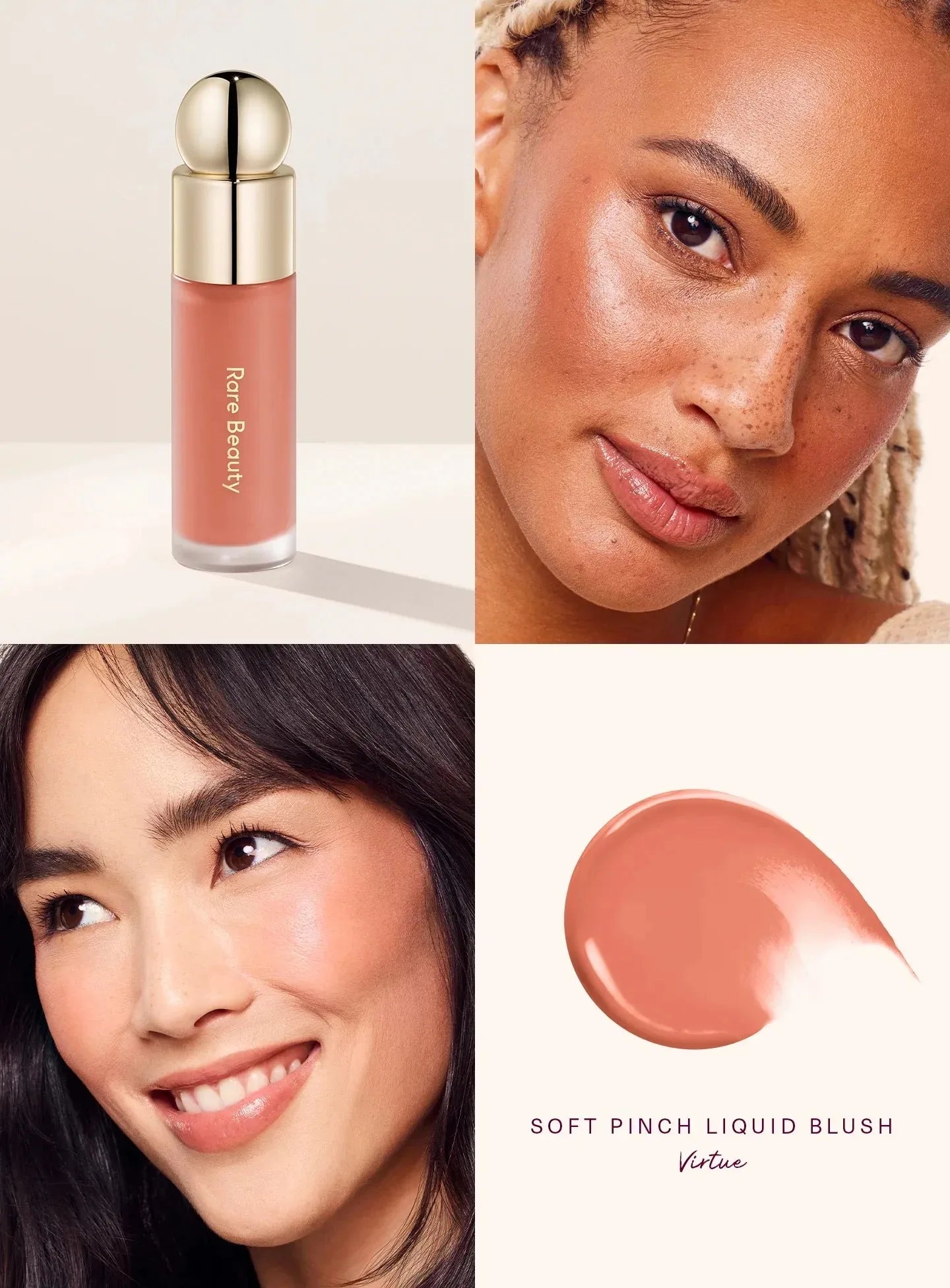 Rare Beauty Soft Pinch Liquid Blush in Virtue: A creamy, peachy-nude liquid formula shown on models for a radiant glow.