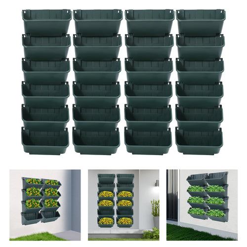 24-pack green wall-mounted vertical planter boxes with multiple stacked troughs