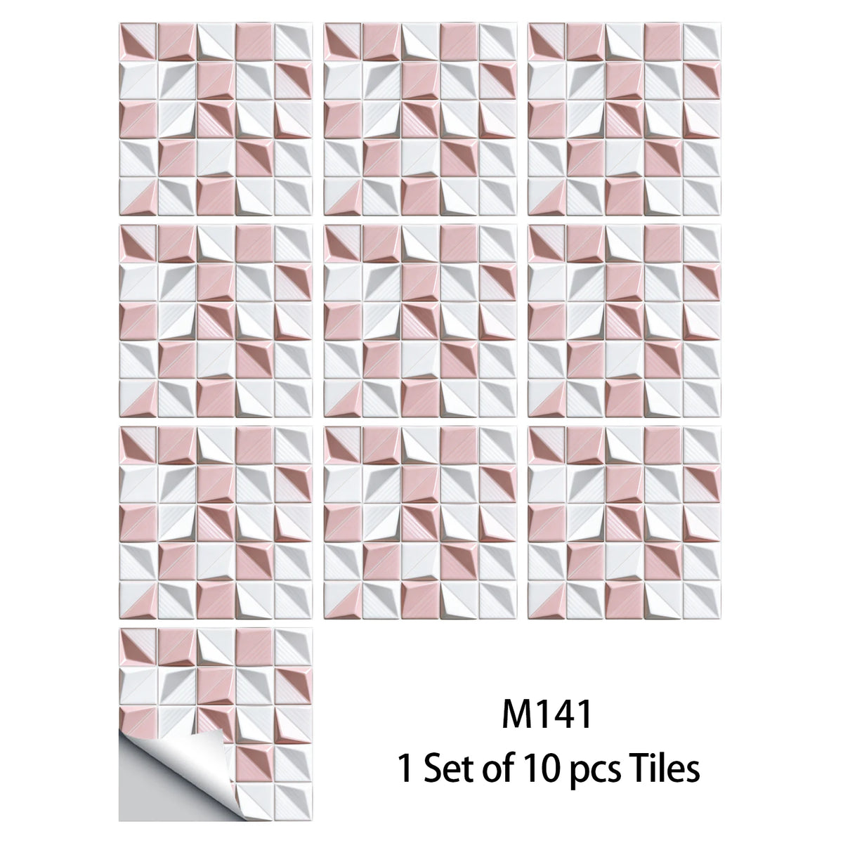 Mosaic tile wall decal set, blush pink and white geometric 3D cube tile pattern