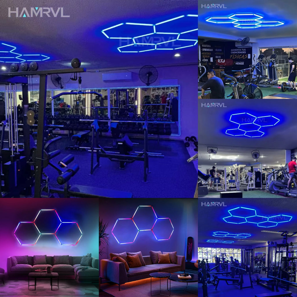 Garage Dimmable Hexagon LED Lighting RGB Color Change 3000-6000K Gym BarberShop Honeycomb Ceiling Lights Halloween Party Gaming