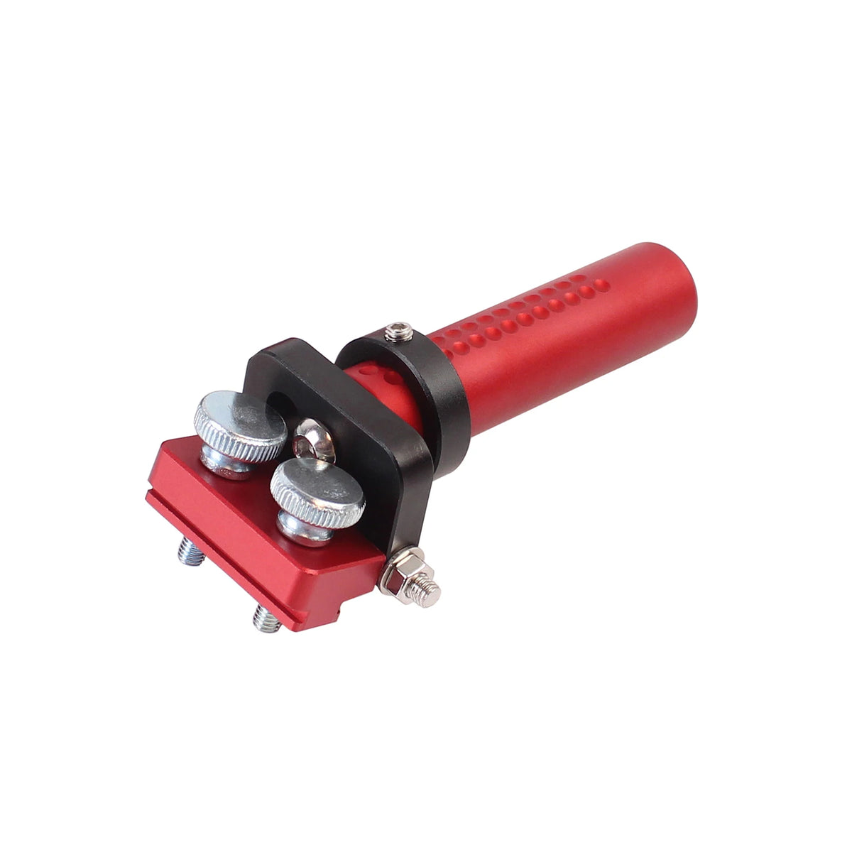 Single adjustable hinge dog clamp, red post with black base and silver locking screws