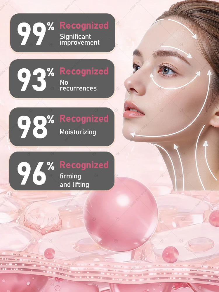 Profile of a woman with facial lifting arrows and four percentage statistics on effectiveness against a pink background.