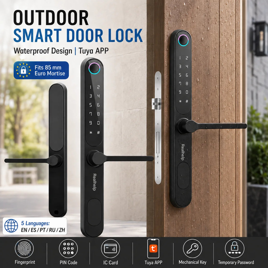 Tuya Smart Door Lock with Handle, Fingerprint Keypad IC Card Mechanical Key, Waterproof Outdoor 85mm Euro Mortise