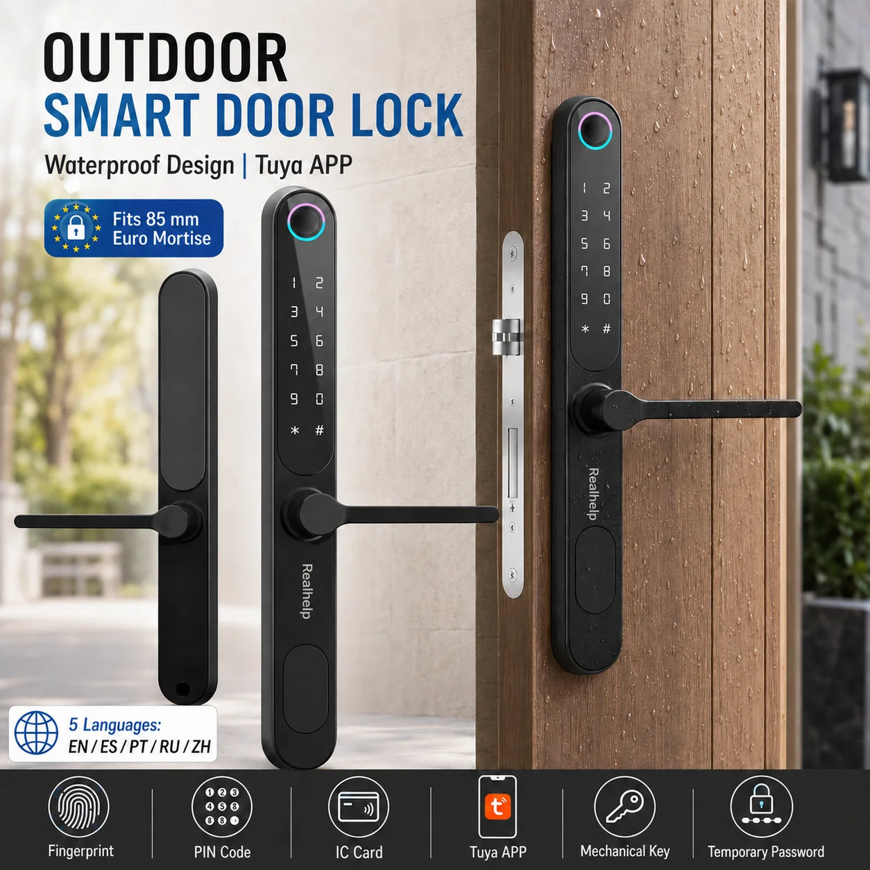 Tuya Smart Door Lock with Handle, Fingerprint Keypad IC Card Mechanical Key, Waterproof Outdoor 85mm Euro Mortise