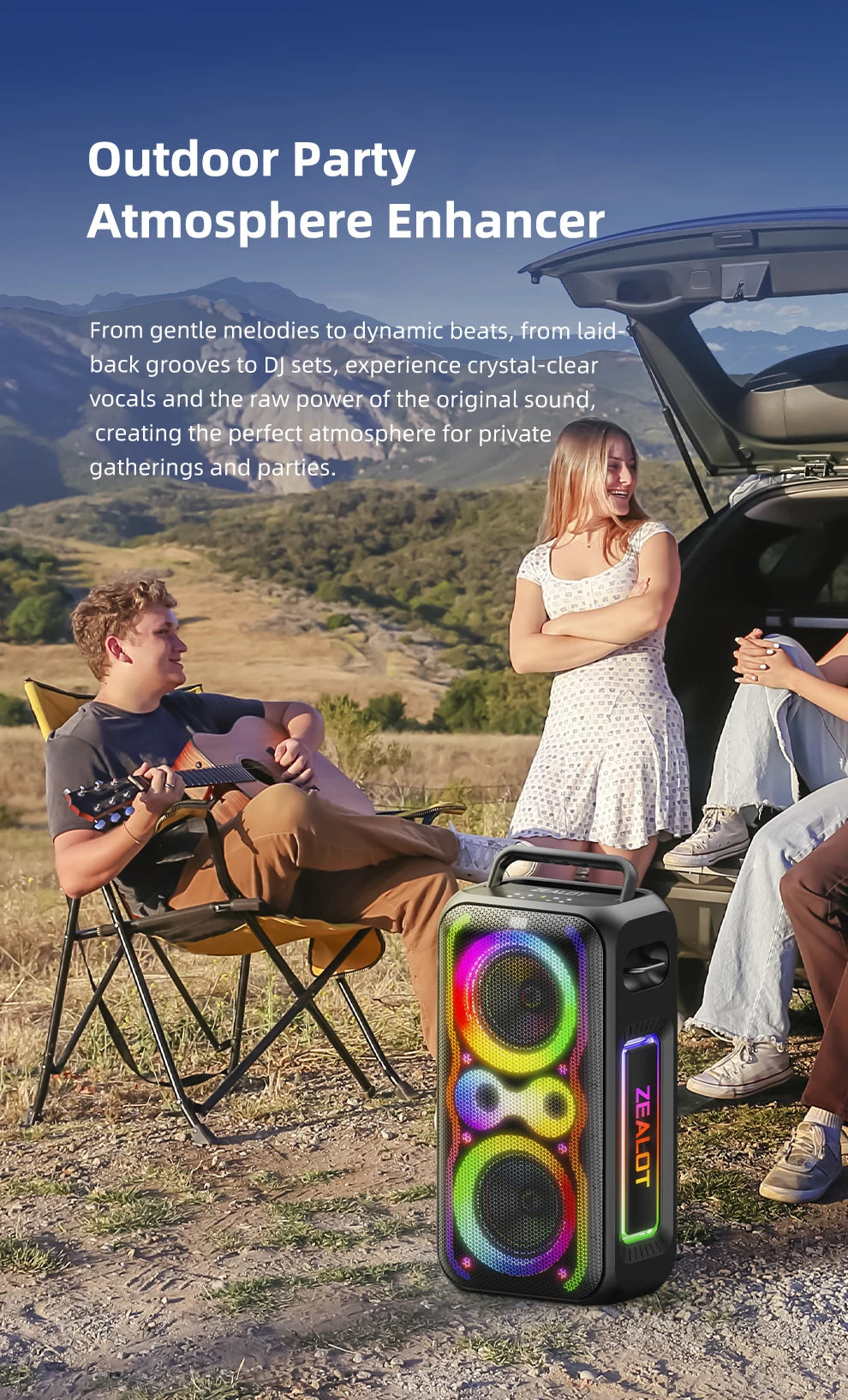 Zealot-PT21 Large Portable Bluetooth Speaker Loudest，200W Deep Bass, V5.3 Big Party Boombox Wireless Speaker For Camping Hiking
