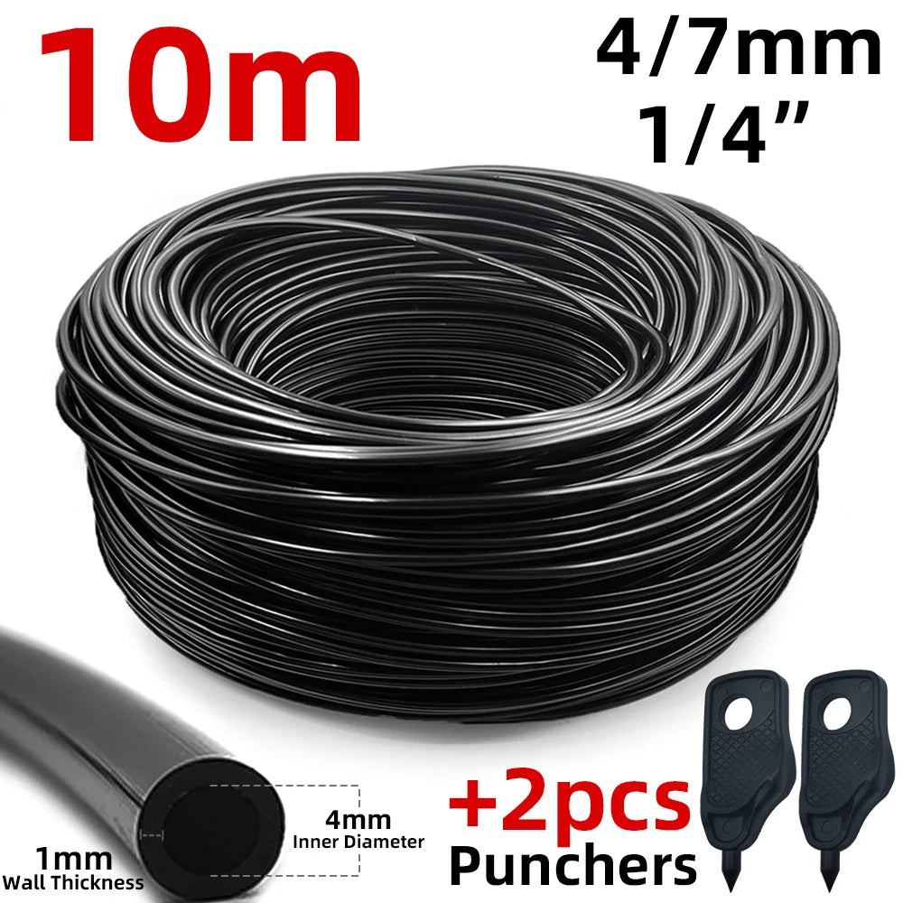 Outdoor misting hose coil kit: black tubing with 2 hole punchers, 4/7mm, 10m.