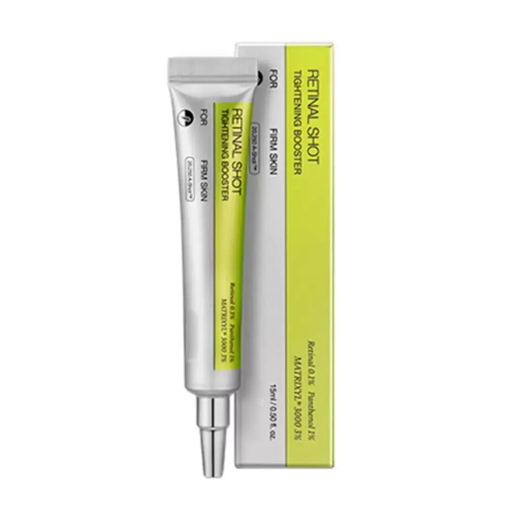 Retinal Shot tightening face serum in a silver squeeze tube next to its lime green and white vertical box packaging.