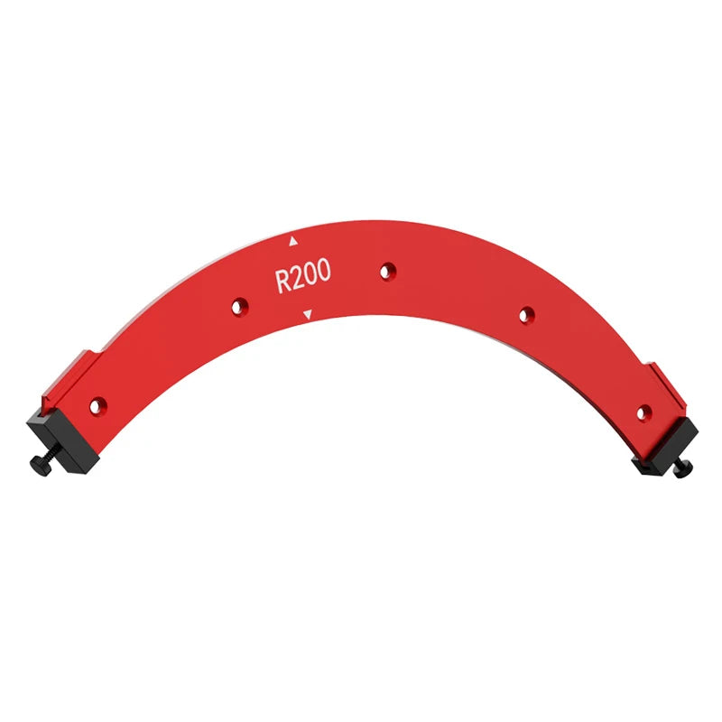 Radius router template jig, red arc with R200 marking and two end clamps