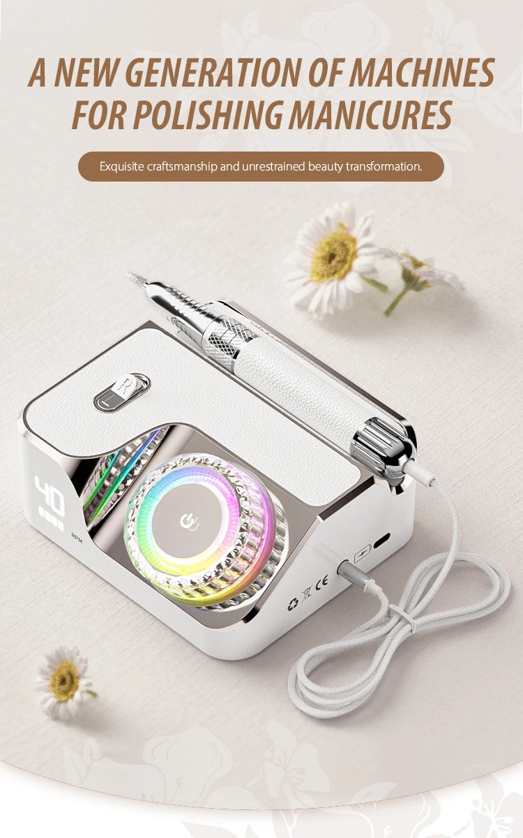 White 40000RPM rechargeable electric nail drill with LED ring, handpiece, and digital display for home salon manicures.