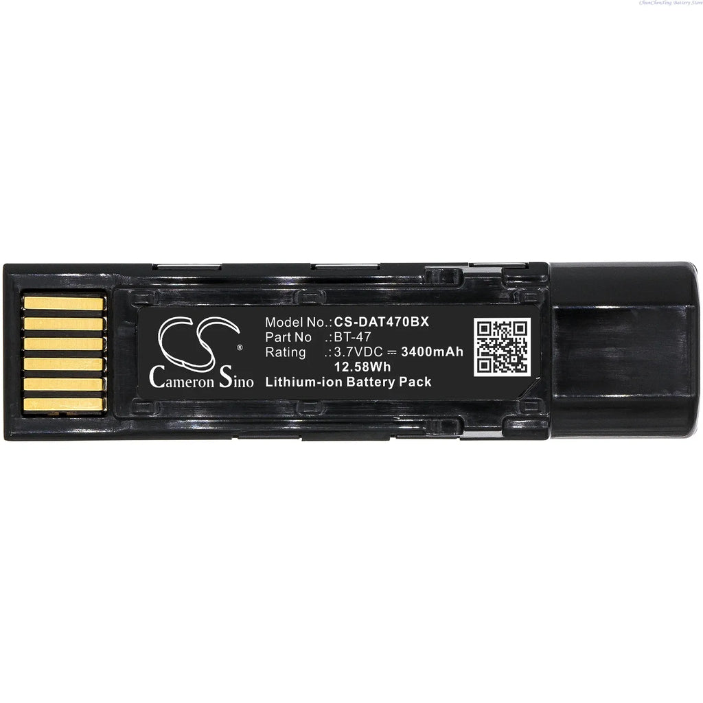 Black barcode scanner battery cartridge with gold contacts; 3400mAh label and QR code