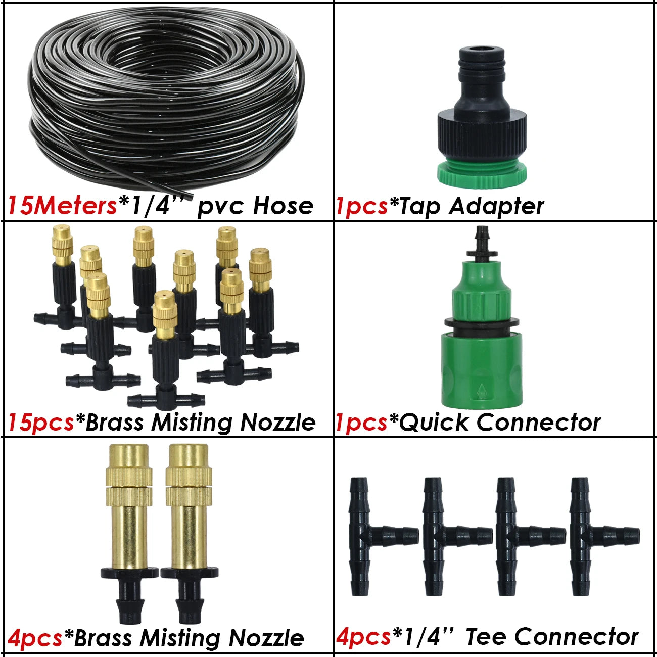 5M-30M Misting Cooling System Garden Irrigation Watering 1/4'' Brass Atomizer Nozzles 4/7mm Hose for Outdoor Patio Greenhouse