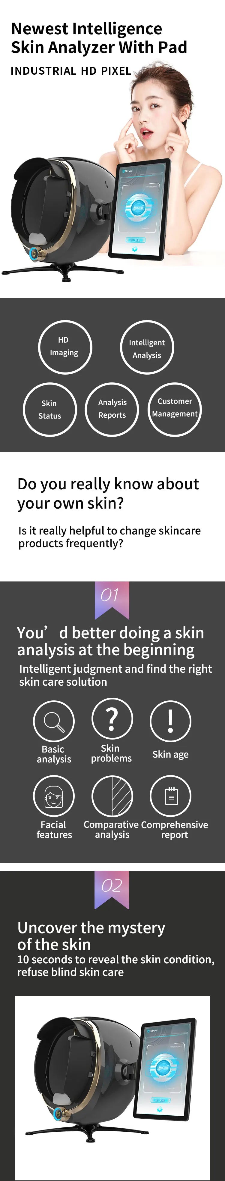 Portable 3D skin analysis machine with tablet for facial moisture, oil, and texture testing. Home and professional use.
