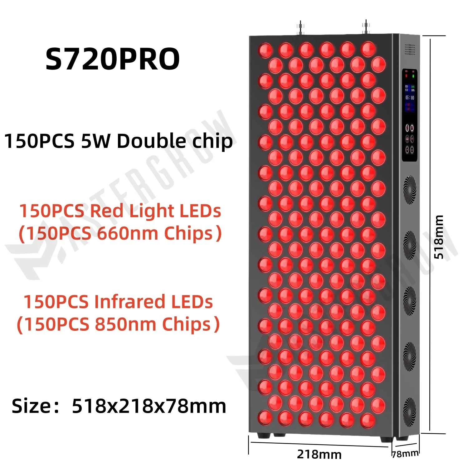 S720PRO red light therapy panel for home use with 660nm and 850nm LED chips for skin, beauty, and pain relief.
