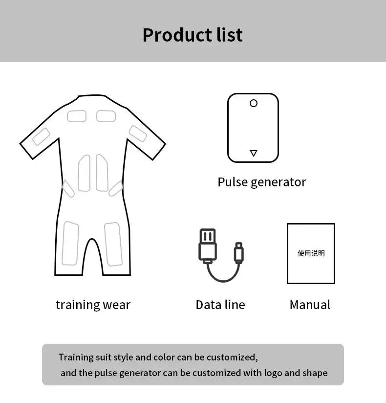 Wireless EMS fitness suit kit with training wear, pulse generator, USB data cable, and manual for muscle training.