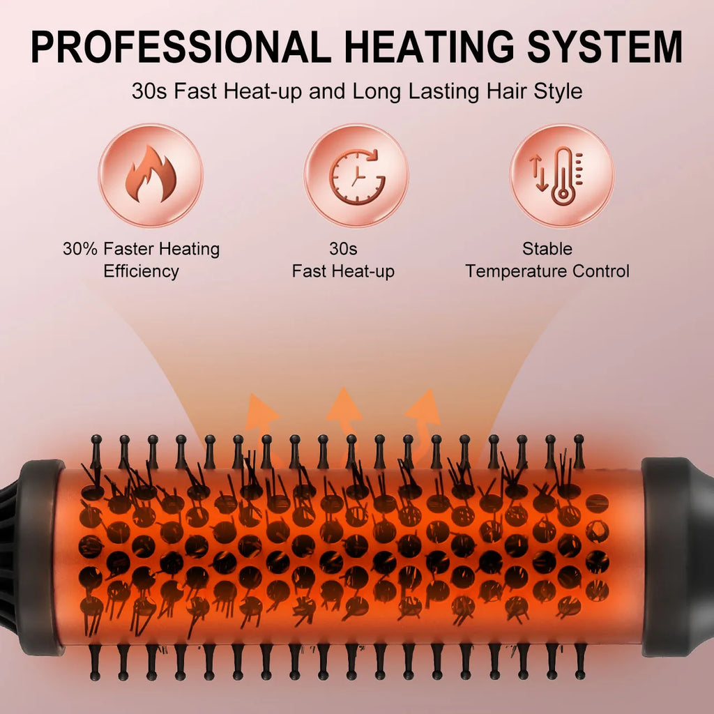 Hatteker electric curling brush with 30s fast heating, rose gold ceramic barrel for styling curls and inner buckles.