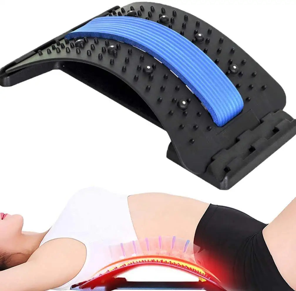 Black plastic back stretcher with blue foam cushion and acupressure points for lumbar support and spinal alignment.