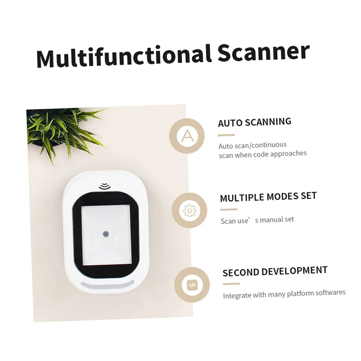 White multifunction barcode scanner with black scan window and labeled feature list