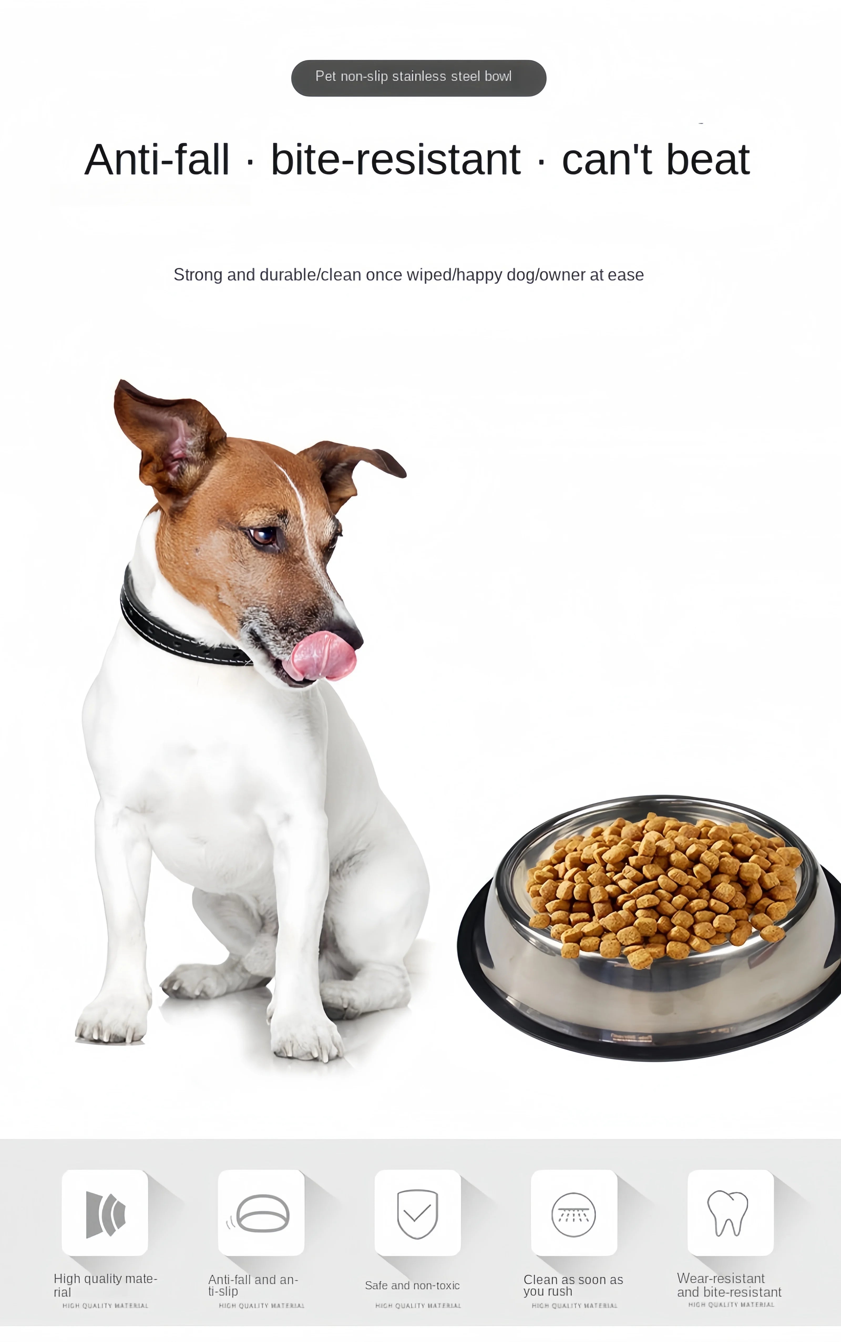 Durable stainless steel pet bowl for dogs and cats. Non-slip, easy to clean, bite-resistant metal food and water feeder.