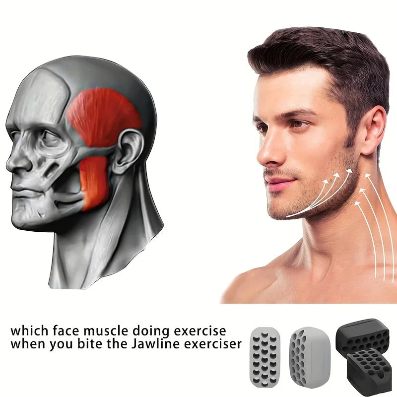 Anatomical head illustration showing jaw muscles, a man’s profile, and three grey/black silicone jawline trainer blocks.