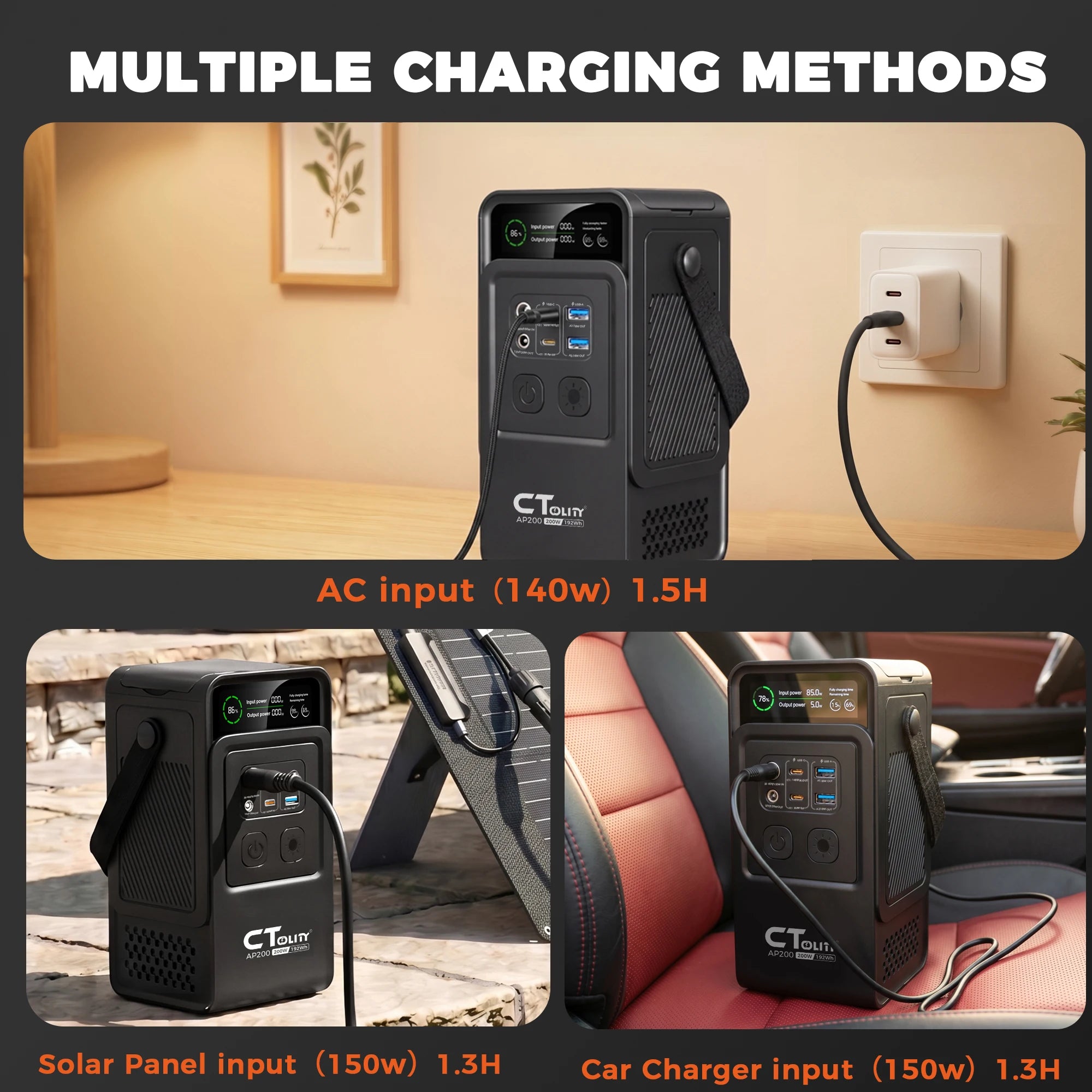 CTOLITY AP200 Handheld Portable Solar Generator 200W 192Wh Lifepo4 Battery 60000mAh Power Bank Camping 140W Ultra Fast Charging DC Charger