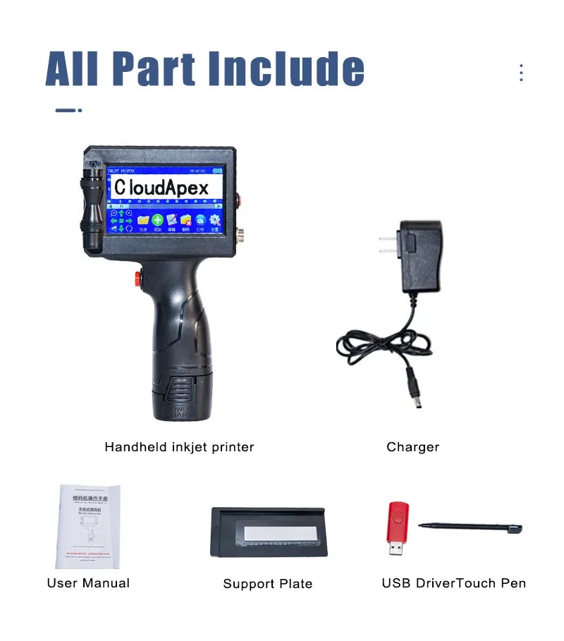 Handheld inkjet printer kit with charger, manual, support plate, touch pen and cable