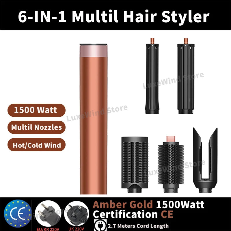 SenCiciMen 6-in-1 amber gold hot air styler with interchangeable curling barrels, brush nozzles, and 1500W power.