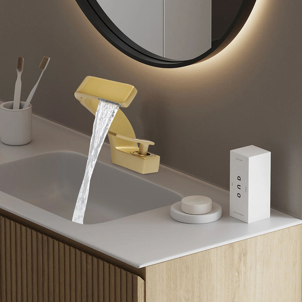 Gold Bathroom Waterfall Mixer Tap Modern Washbasin Faucet Copper Basin Tap Elegant Lift Off Type