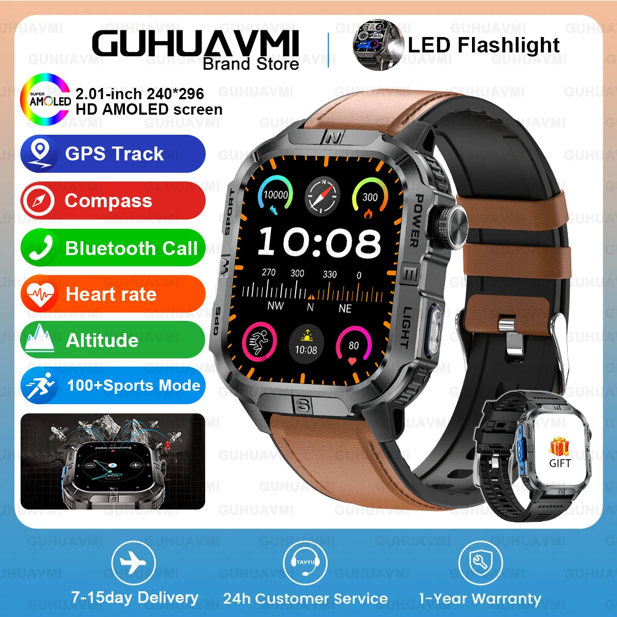 2026New Outdoor Military Men's Smartwatch, Equipped With GPS LED Lighting, Compass, Wireless Communication IP68 Waterproof Watch