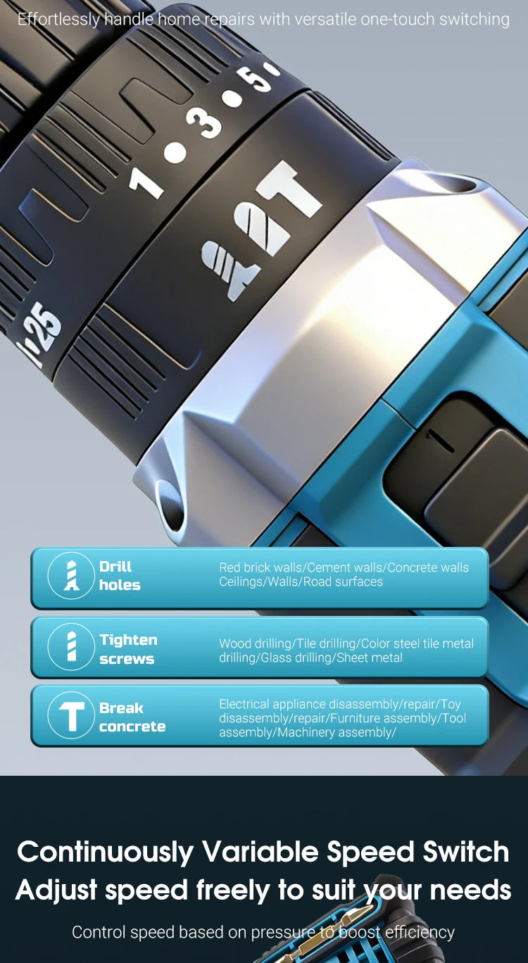 Mamidw Lithium Cordless Impact Drill 100N.M Max Torque 2350RPM Built-in LED Light Wireless Power Drill for Home Renovation & Construction Work, For Makita 18V Battery PIN