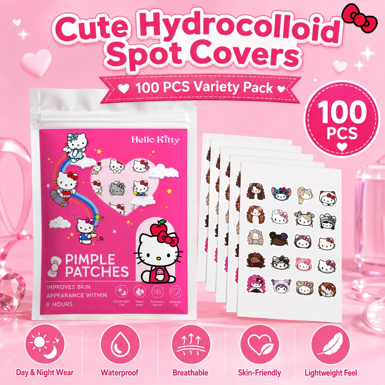 100PCS hello kitty Acne patches, facial acne patches, hydrogel acne removal patches, concealer