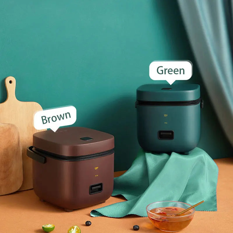 Mini electric rice cookers in teal and brown with one-key switch, side-by-side